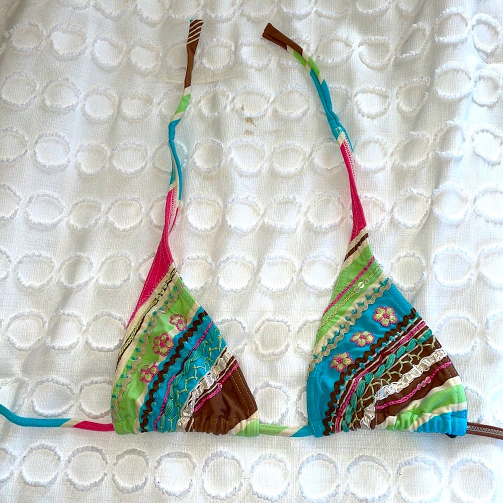 DESIGNER brown, pink, green, blue, white flowery bikini top paula hermanny